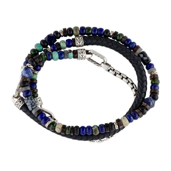 JOHN HARDY WOVEN LEATHER & MULTISTONE TRIPLE WRAP BRACELET OR NECKLACE - Picture 6 of 11